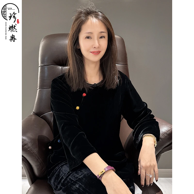 【珍珍新中式】【彩虹丝绒】新中式气质圆领时尚蚕丝百搭上衣S-10566