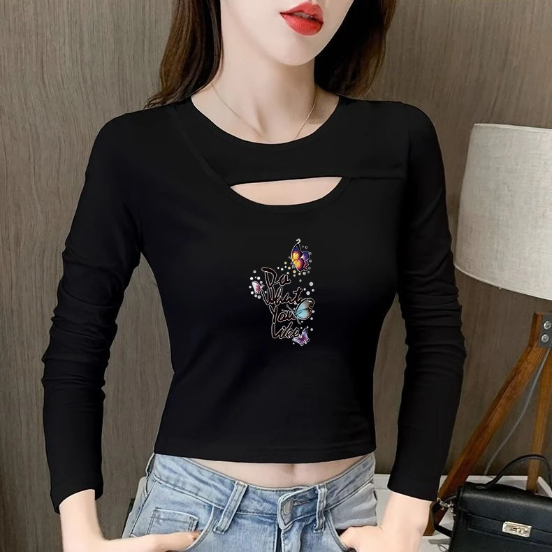 韩版短款长袖t恤时尚露脐修身显瘦圆领镂空设计感印花打底上衣女