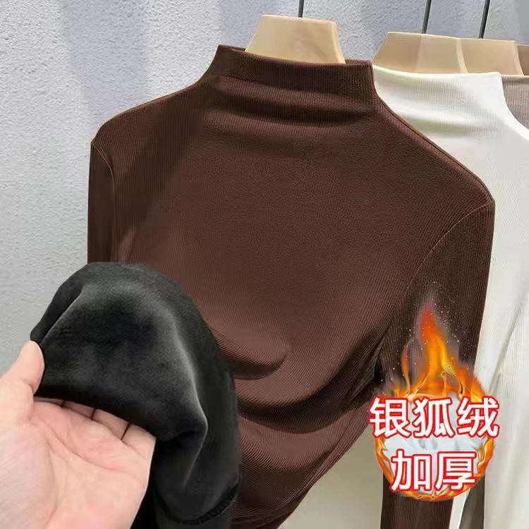冬季半高领保暖长袖打底衫女加绒加厚内衣修身T恤上衣秋冬内搭