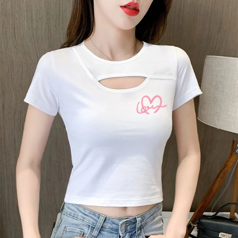 夏季高腰修身显瘦镂空设计感小众露脐短款短袖t恤女辣妹印花上衣