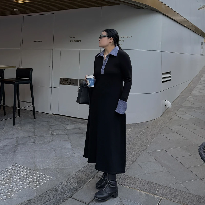铅笔小鑫大码女装 亲肤感 撞色POLO领拼色修身气质连衣裙胖mm裙子