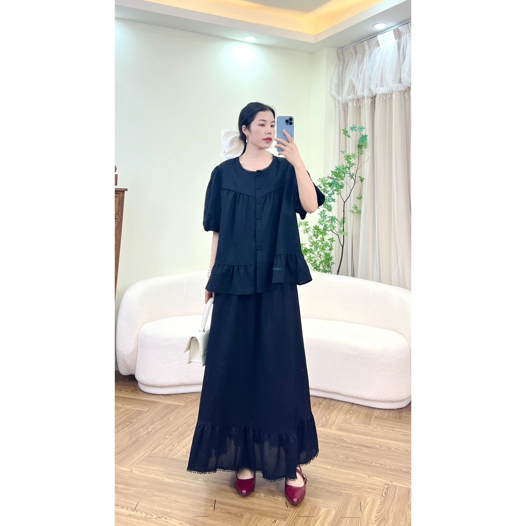 Hello乔乔【黑珍珠系列】时尚蕾丝短袖上衣减龄气质半身裙两件套女