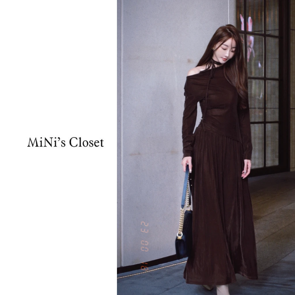 【MiNi推荐】复古高级感一字肩丝绒半身裙轻奢两件套送绑带JC0130
