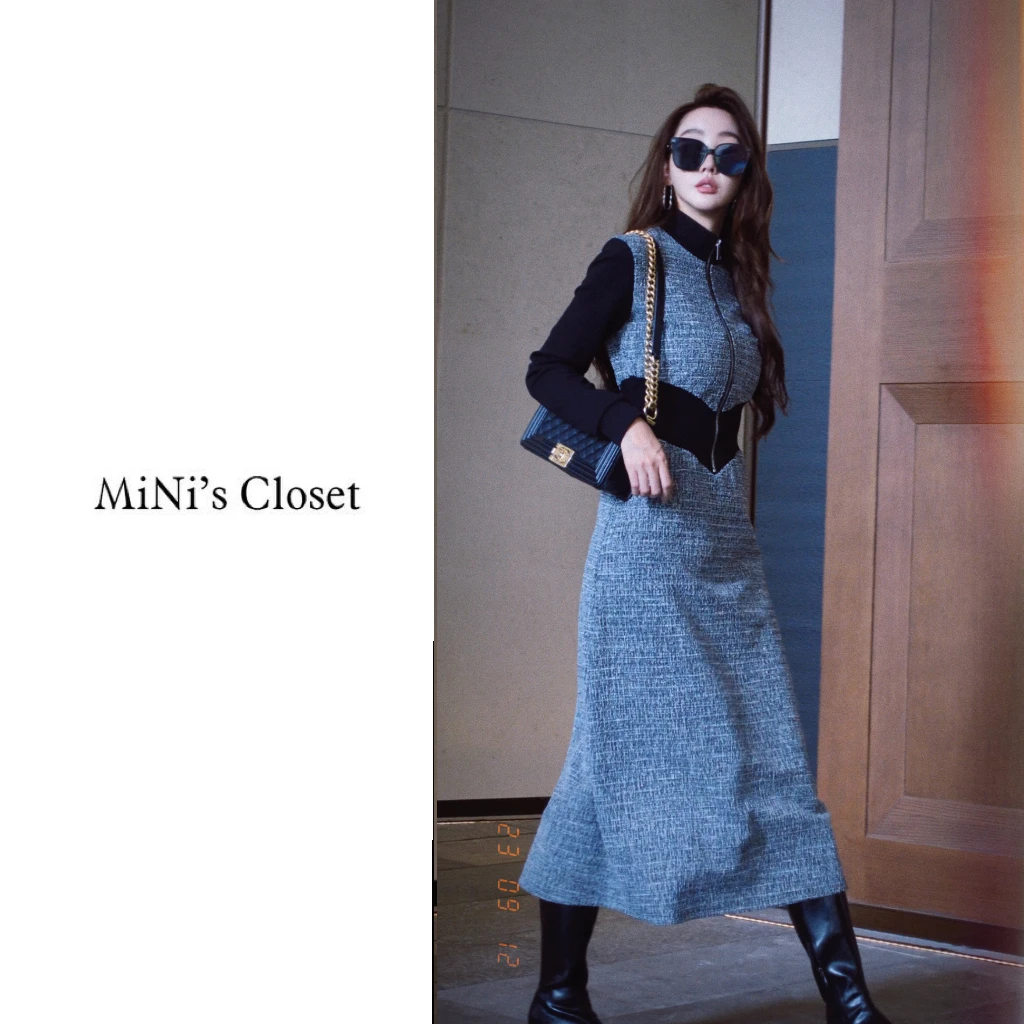 【MiNi推荐】拼色立领收腰长袖连衣裙复古修身气质时尚裙子JC0082