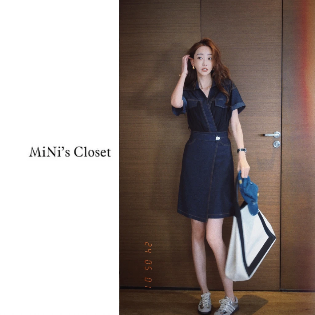 【MiNi推荐】高定款立体裁剪收腰翻领牛仔连衣裙休闲百搭裙子JD0839