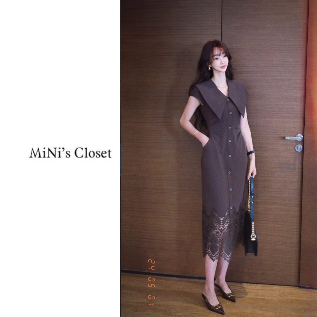 【赫本清雅】高级感定制翻领蕾丝拼接修身连衣裙收腰裙子女JD0837