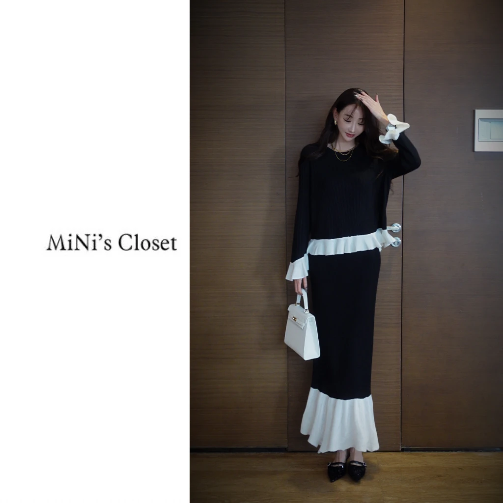 【MiNi推荐】秋季新款高定气质设计感荷叶边上衣半裙两件套JC0194