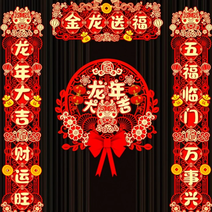 2024龙年新款龙年新年植绒春联家用春节过年福字门贴布置装饰用品