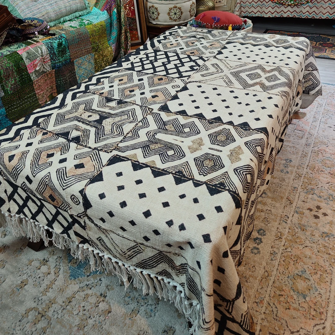 印度进口100棉手工梭织搭毯沙发巾美式针织复古毯子民族风加厚