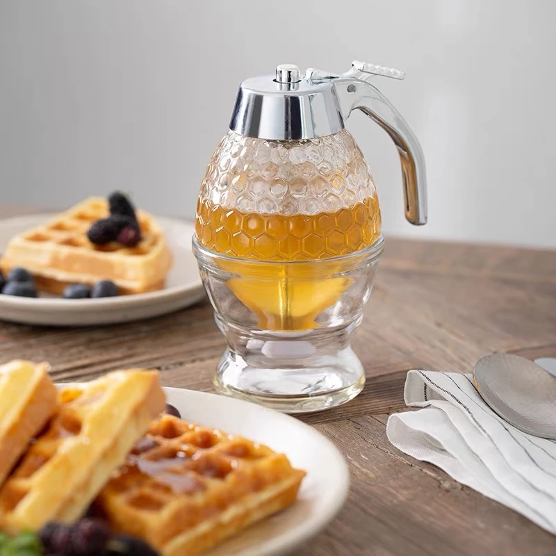 日式家用按压式蜂蜜罐挤压按压分装瓶玻璃储存罐子带底座漏斗式