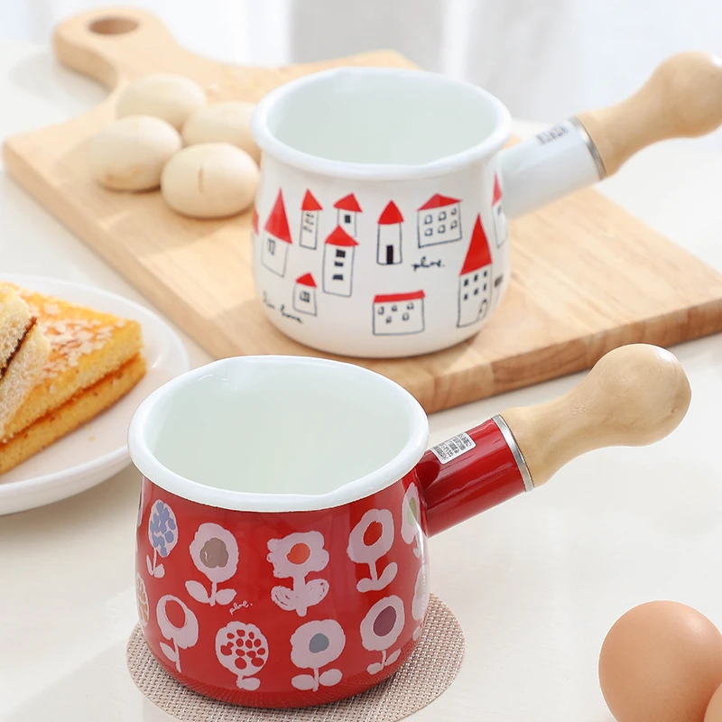 日式550ml搪瓷婴儿宝宝小奶锅迷你珐琅锅早餐煮粥煲汤锅热米糊锅