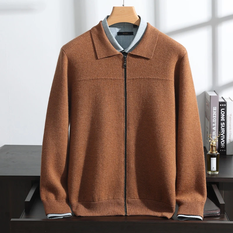 100%纯山羊绒衫空气层干部领拉链开衫加厚高端轻奢针织衫保暖外套