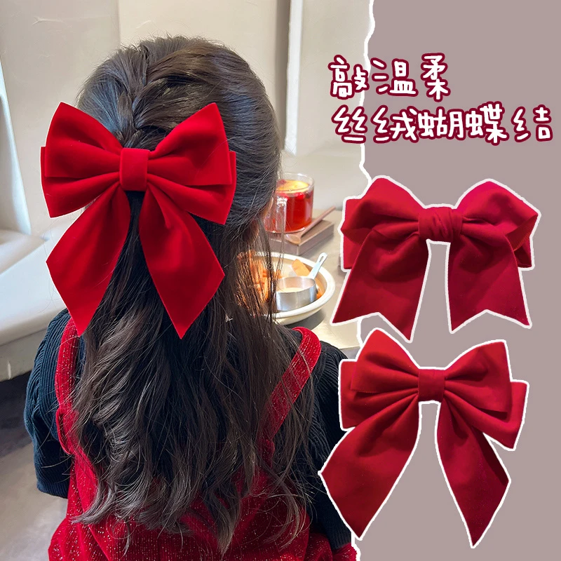 儿童发夹大号红色蝴蝶结头饰女童宝宝发卡小公主后脑勺丝绒夹发饰