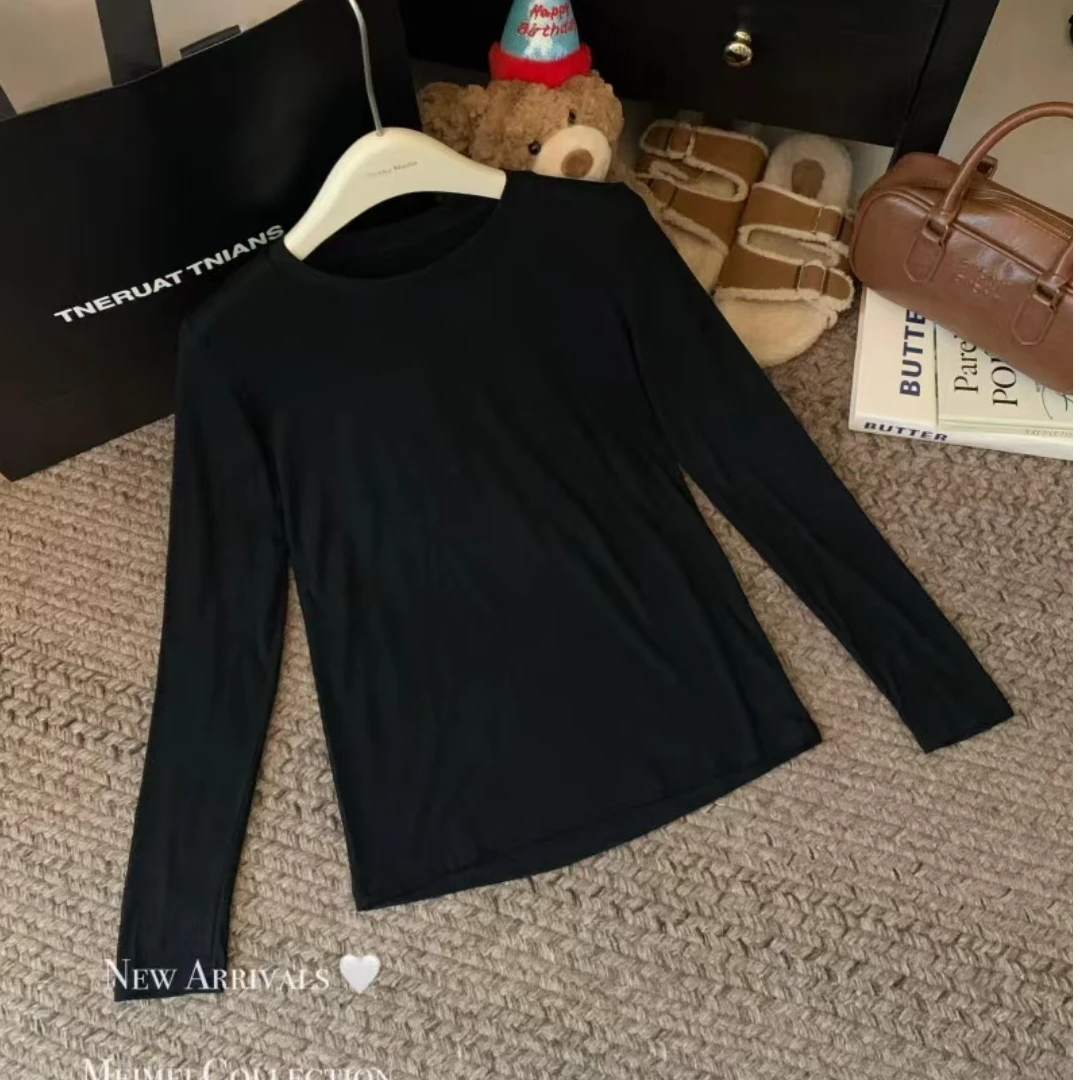 1111#女装纯色磨毛圆领长袖T恤2024春秋黑色打底衫胖MM显瘦上衣女