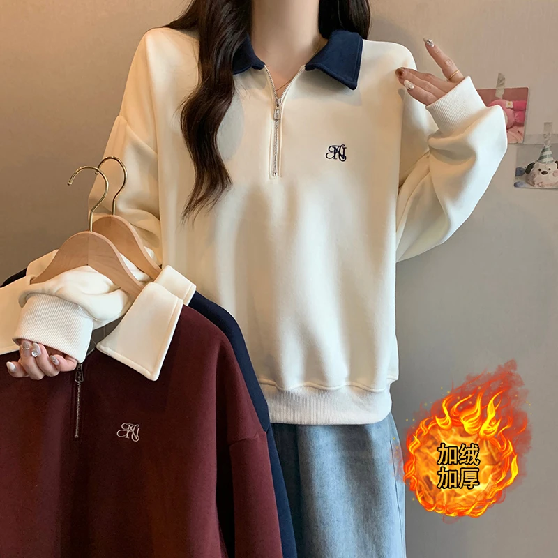 【JOJO推荐】冬装新款胖mm学院风休闲百搭加绒加厚翻领刺绣卫衣上衣