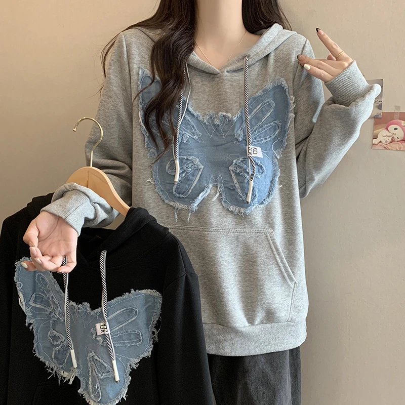 【减龄学妹】秋装新款胖mm大码百搭拼结牛仔蝴蝶图案连帽卫衣上衣