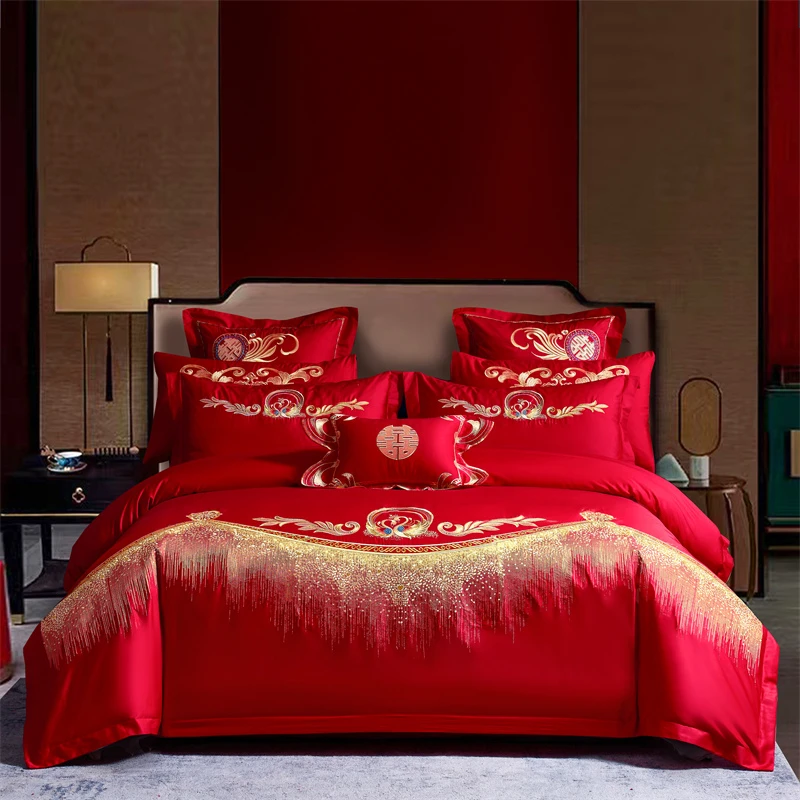 【天赐良缘】全棉纯棉婚庆四件套大红色刺绣花结婚六床上用品喜庆