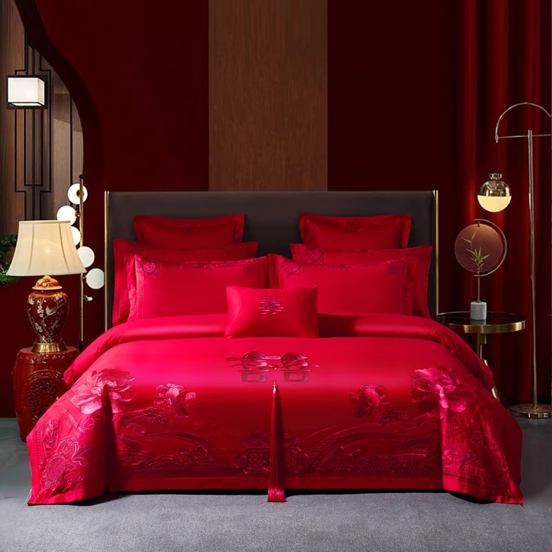 【缔结良缘】全棉纯棉婚庆四件套大红色刺绣花结婚六床上用品喜庆