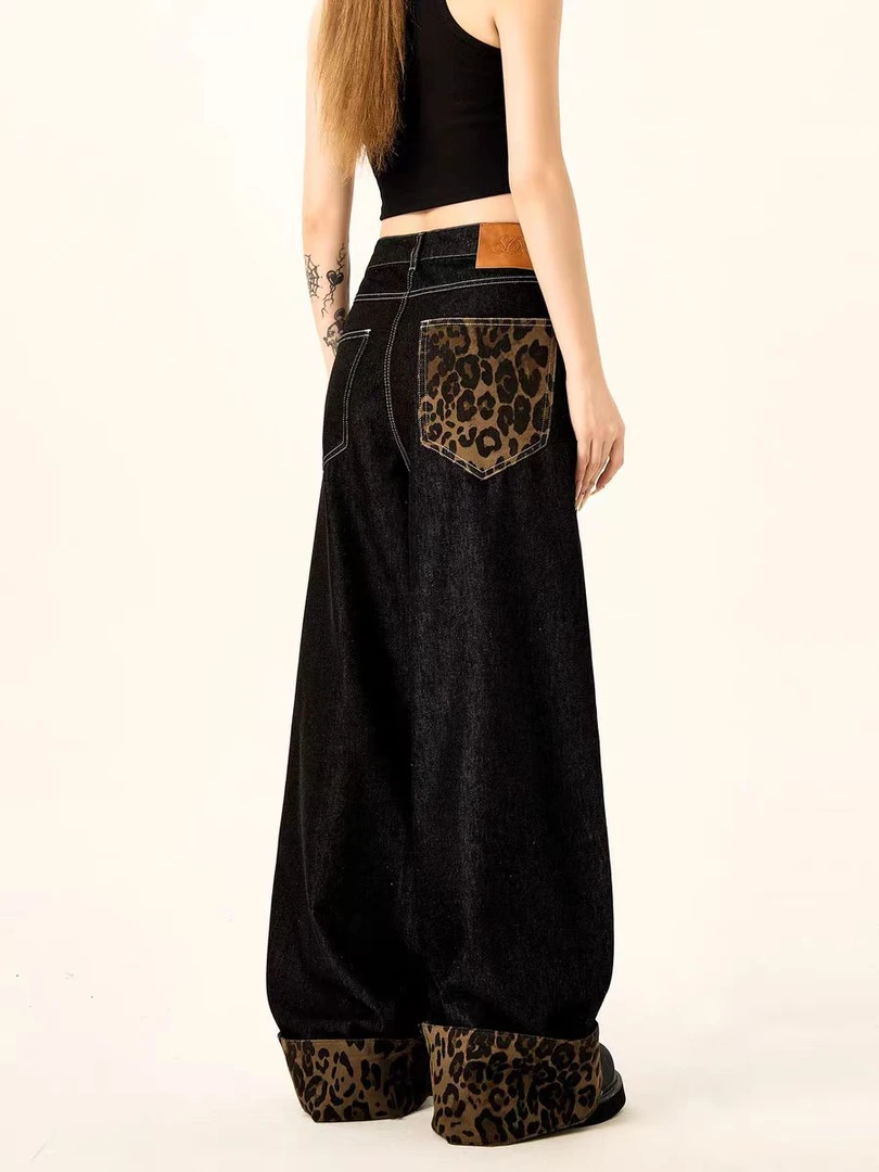 2号车-宽松显瘦运动休闲裤2024秋冬新款松紧腰拼色牛仔裤工装裤女