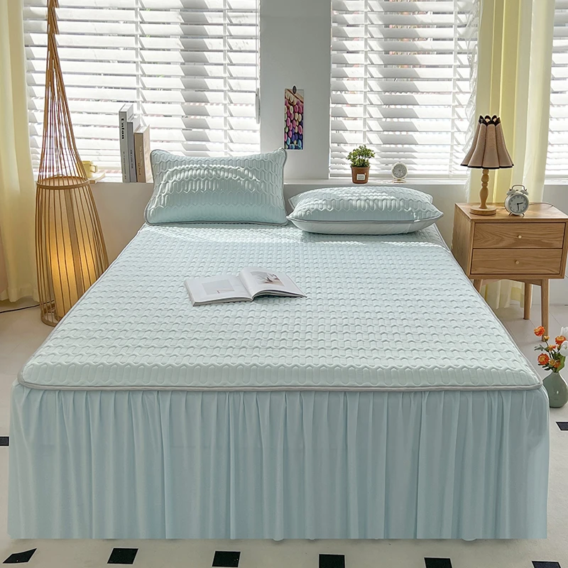 【蓝色】夏季冰丝凉感丝纯色床裙款乳胶凉席三件套学生三件套机洗