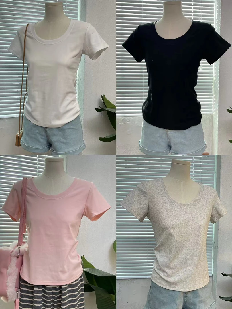 超显瘦正肩短袖T恤微收腰女夏休闲百搭修身上衣韩版夏季纯色圆u领