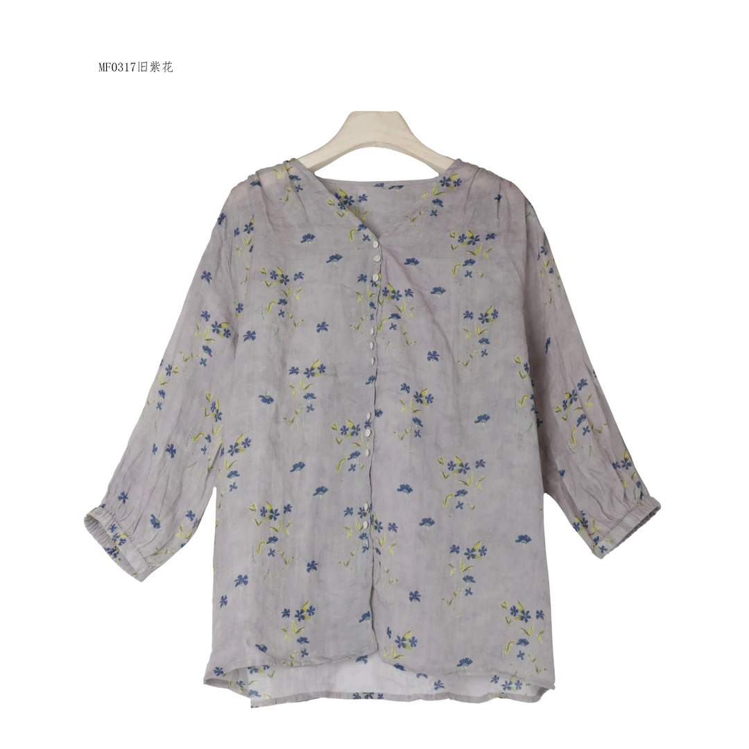 【麻訪家】MF0317旧紫花夏季文艺宽松碎花百搭苎麻上衣