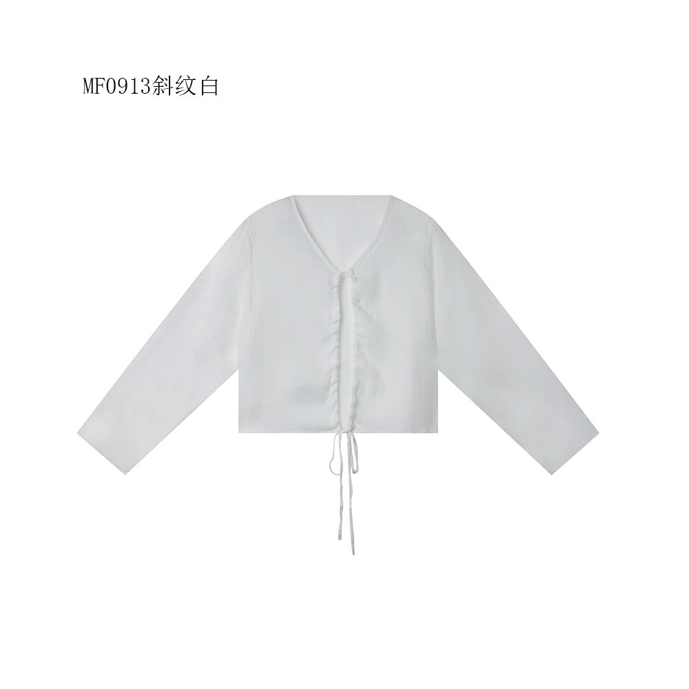 【麻訪家】MF0913斜纹白文艺简约宽松休闲百搭长袖开衫上衣