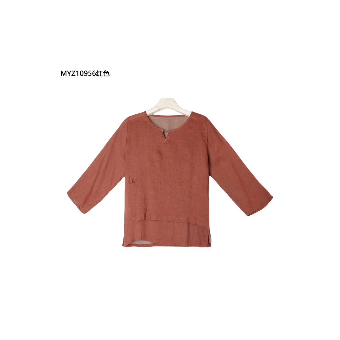 【麻訪家】MYZ10956红色复古做旧文艺简约苎麻百搭上衣