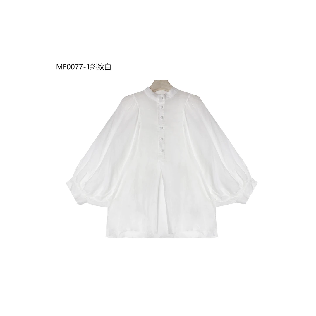 【麻訪家】MF0077-1斜纹白春秋文艺气质立领休闲灯笼袖百搭上衣