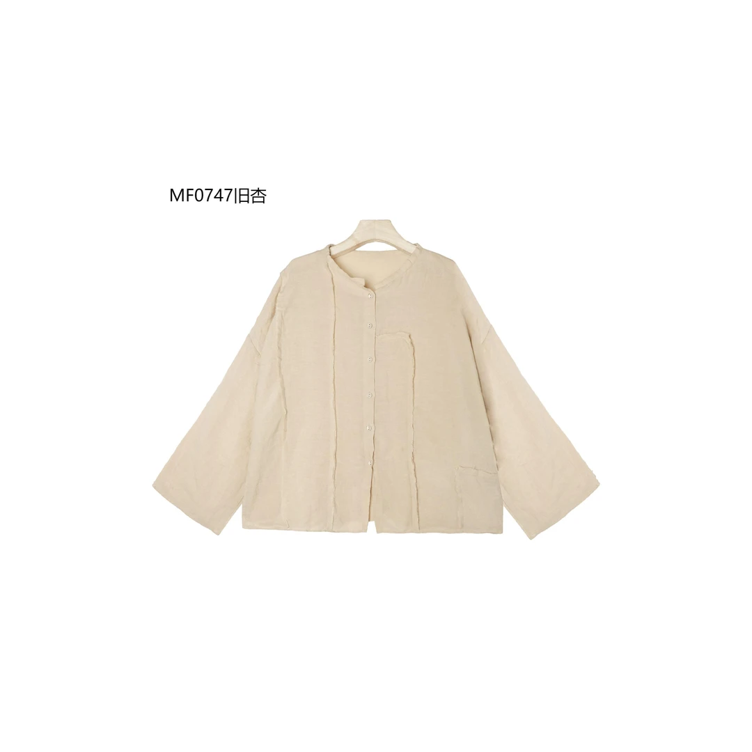 【麻訪家】MF0747旧杏文艺复古做旧毛边宽松百搭开衫上衣