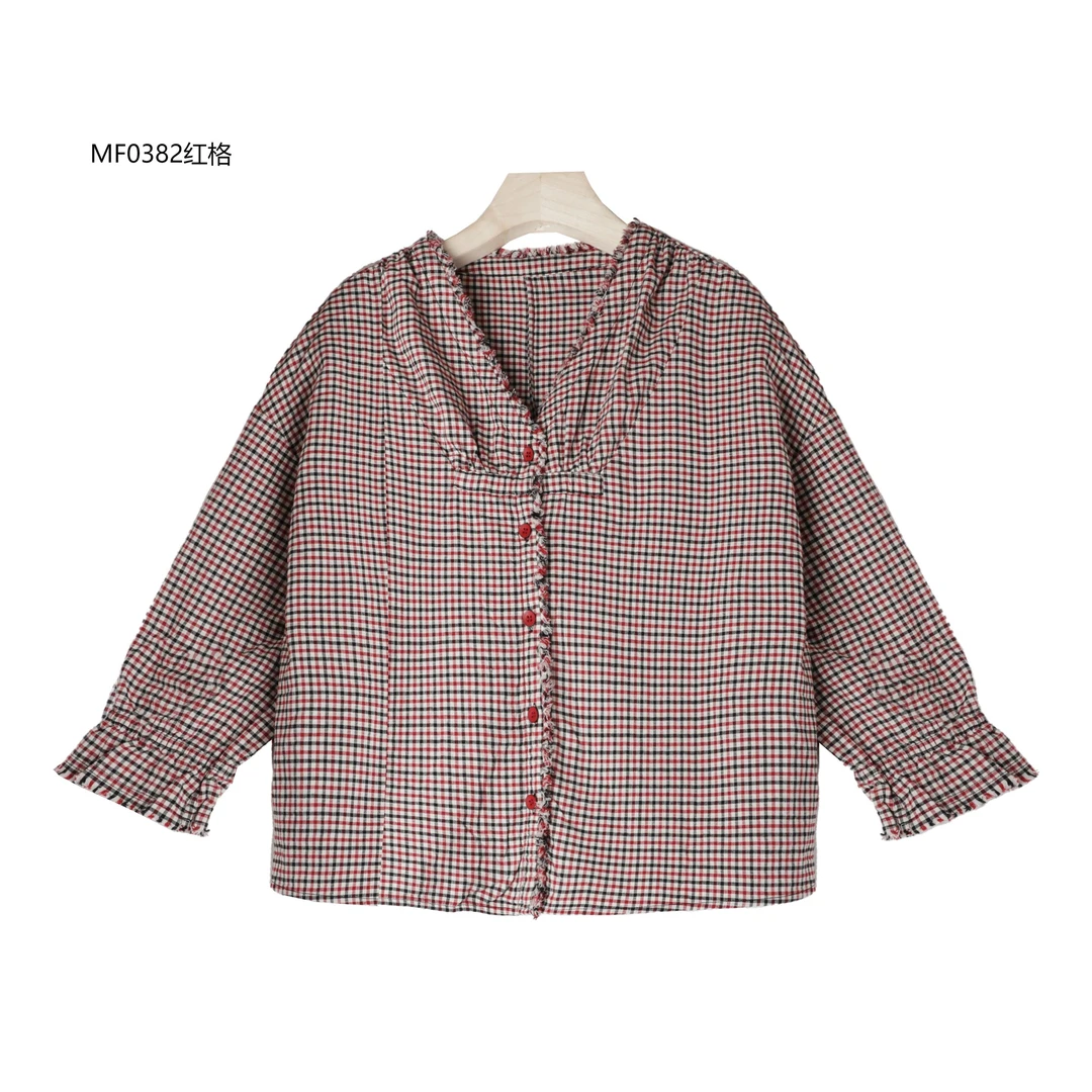 【麻訪家】MF0382红格春秋文艺气质设计感时尚百搭长袖上衣