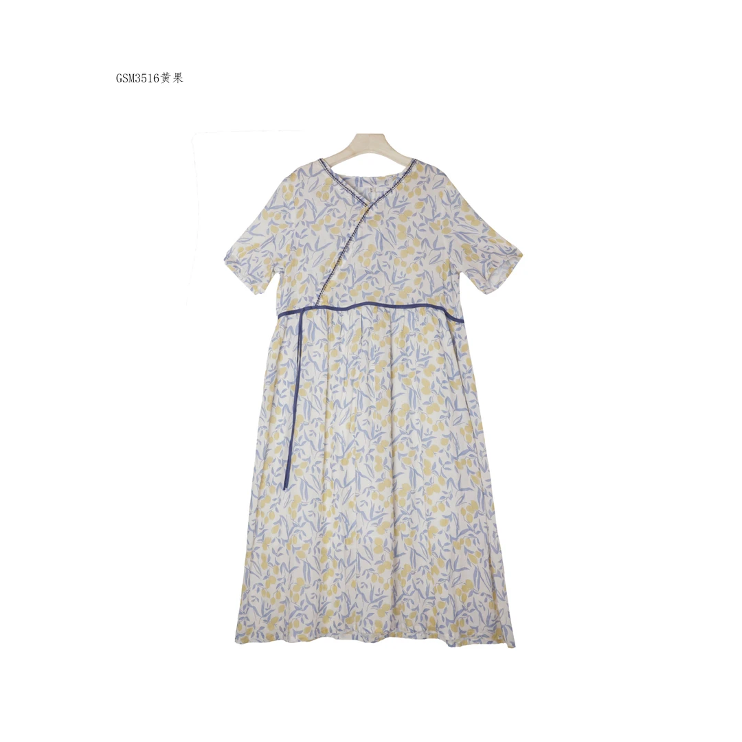 【麻訪家】GSM3516黄果复古文艺碎花宽松显瘦连衣裙