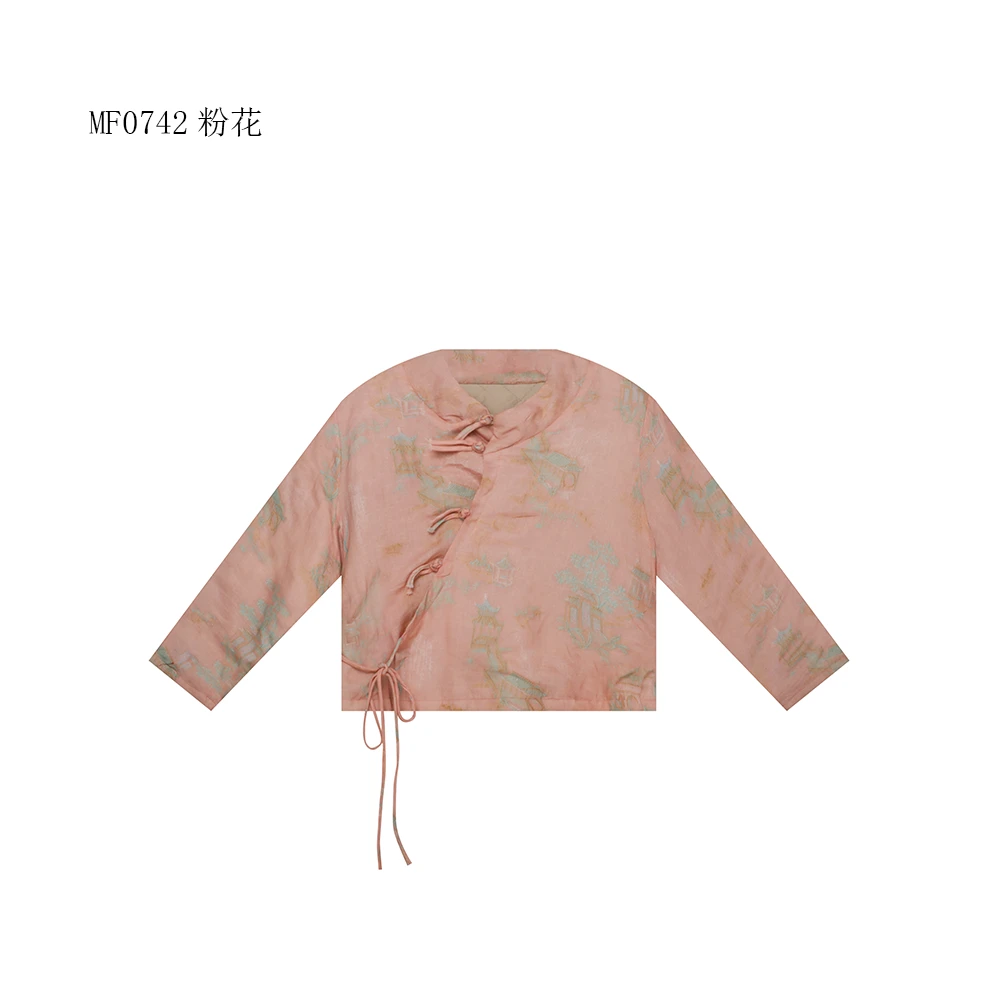 【麻訪家】MF0742粉花文艺印花复古盘扣百搭棉服外套
