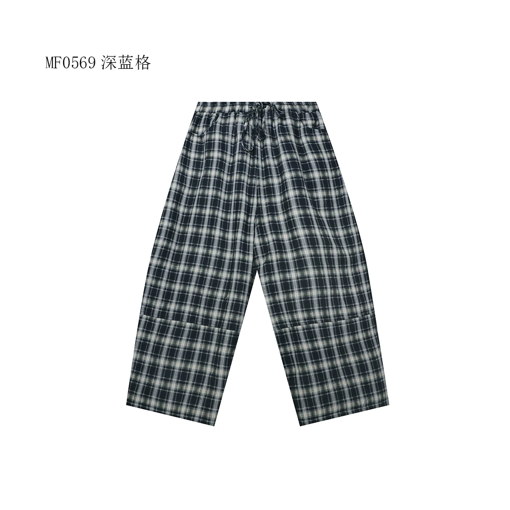 【麻訪家】MF0569深蓝格复古文艺格纹宽松休闲百搭加厚麻棉裤