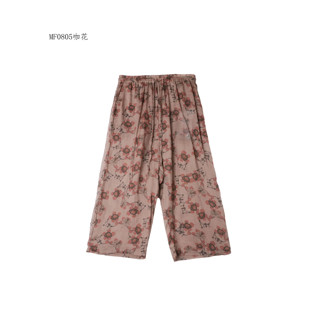 【麻訪家】MF0805咖花春夏复古印花文艺百搭直筒裤
