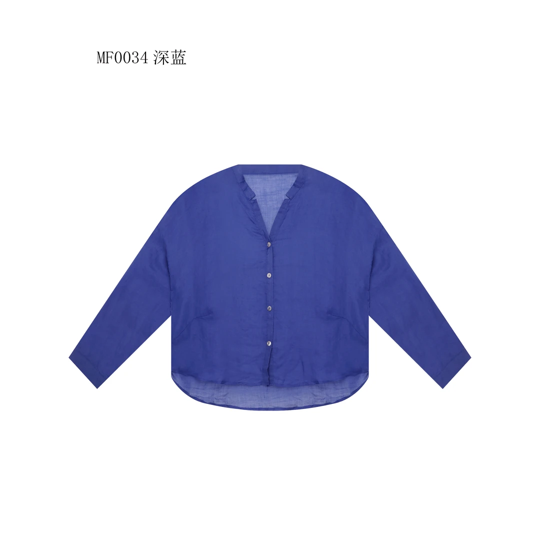 【麻訪家】MF0034深蓝文艺气质简约宽松百搭长袖上衣