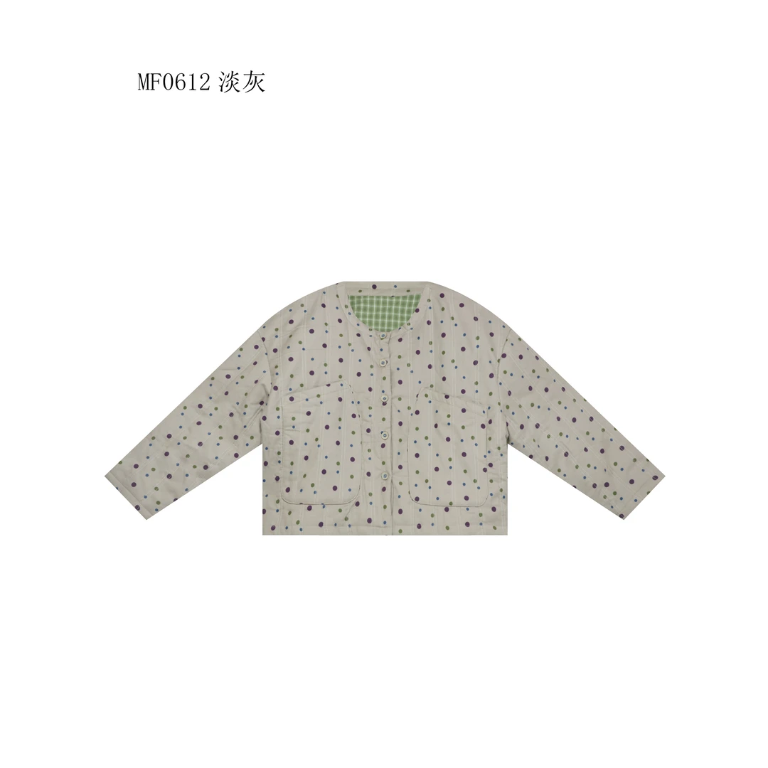 【麻訪家】MF0612淡灰文艺波点复古宽松百搭棉服外套