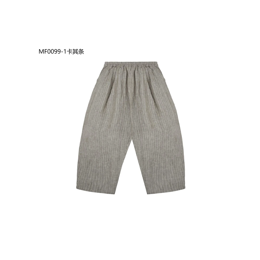 【麻訪家】MF0099-1卡其条复古文艺松紧腰百搭显瘦休闲哈伦裤
