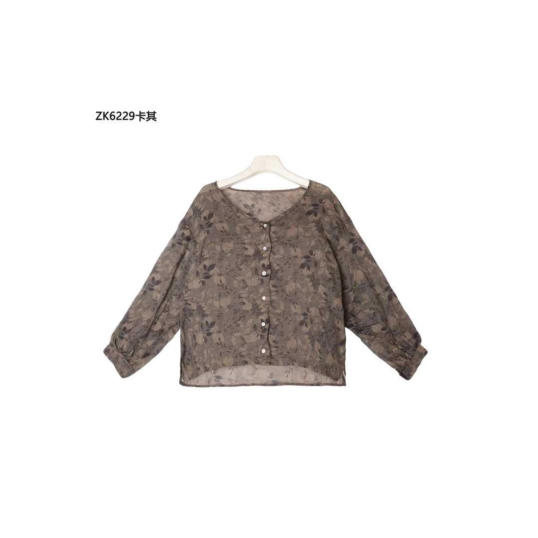 【麻訪家】ZK6229卡其复古印花文艺苎麻休闲百搭开衫上衣