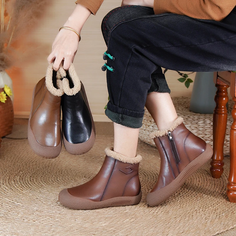 棉谷加绒加厚短靴女软底复古厚底防滑保暖皮靴冬季短筒81013平底