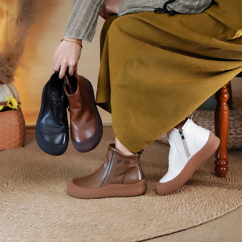 棉谷厚底秋冬新款瘦瘦靴女软底复古靴子舒适英伦风百搭短靴7106