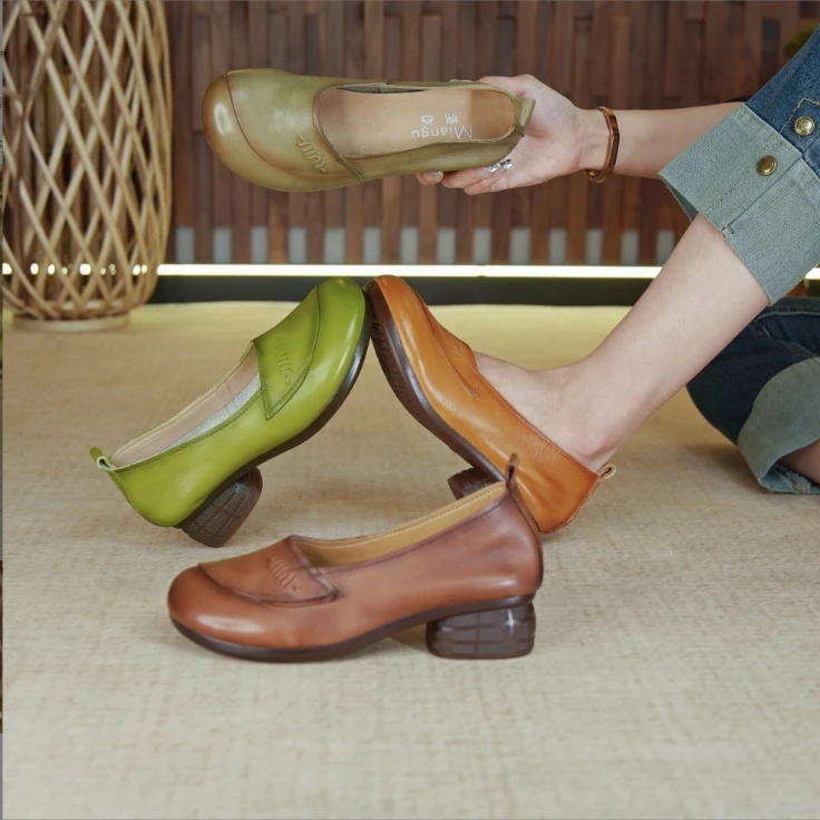 棉谷妈妈鞋春季新款中跟软底民族风浅口百搭粗跟圆头女鞋71953