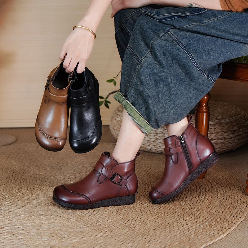 棉谷厚底新款短靴女坡跟牛筋底软底舒适休闲平底圆头71972