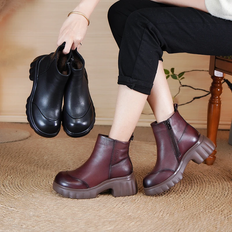 棉谷冬季厚底软底短靴休闲百搭加绒圆头粗跟中跟短筒女靴71985