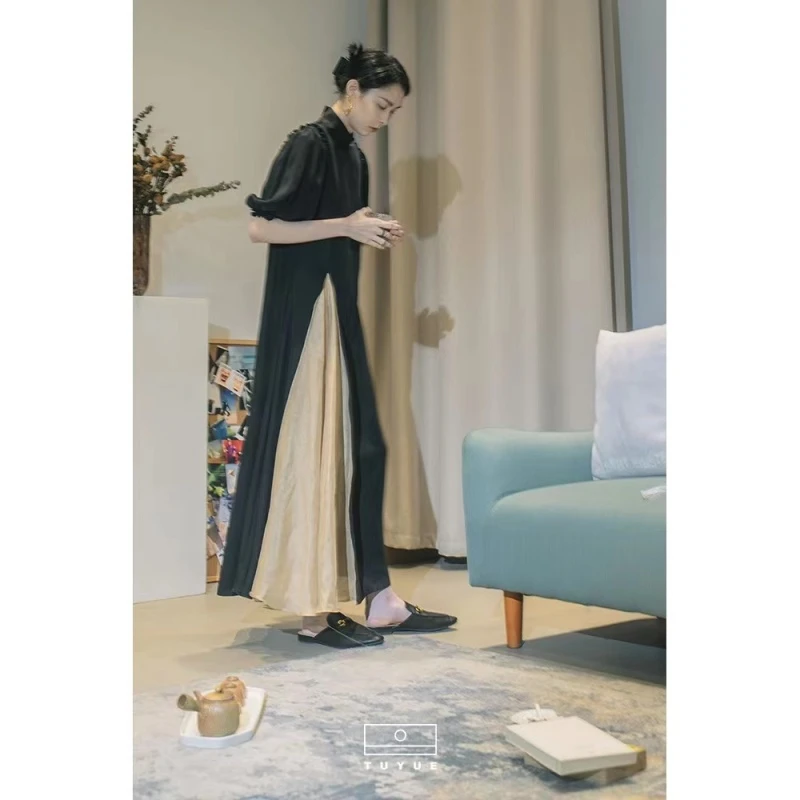 Q03设计师款黑色泡泡袖改良国风拼接旗袍裙中国风显瘦复古气质