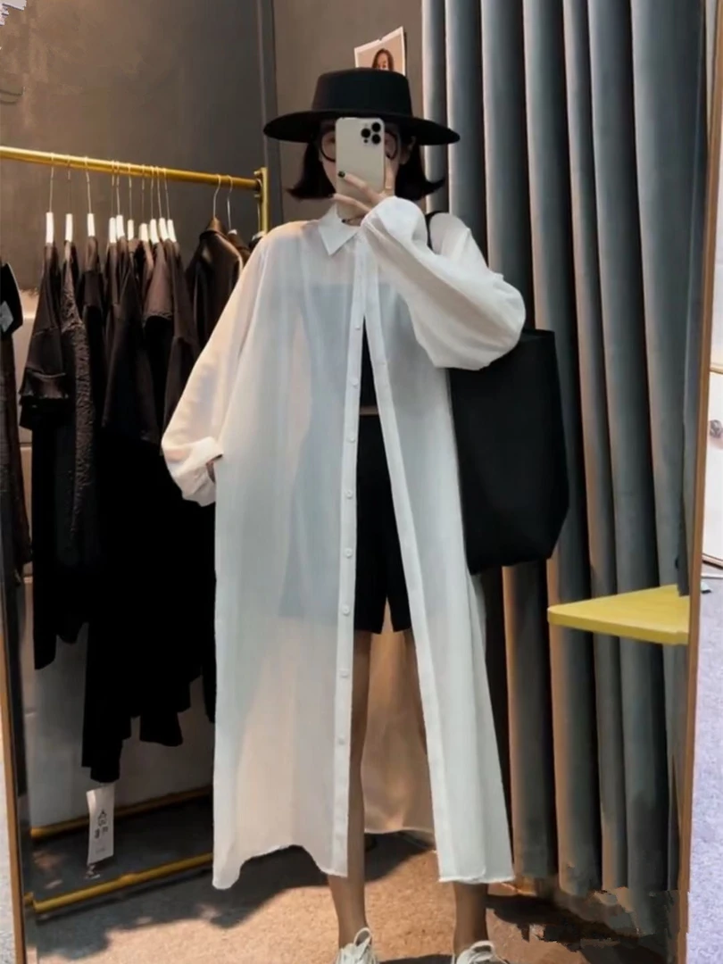 夏季polo领长款衬衣防晒衬衫女宽松纯色长袖灯笼袖薄款雪纺上衣