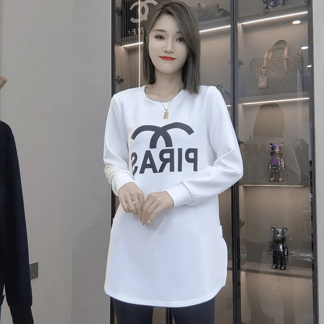 2024秋季中长款休闲风气质宽松遮肚显瘦钉扣开叉卫衣