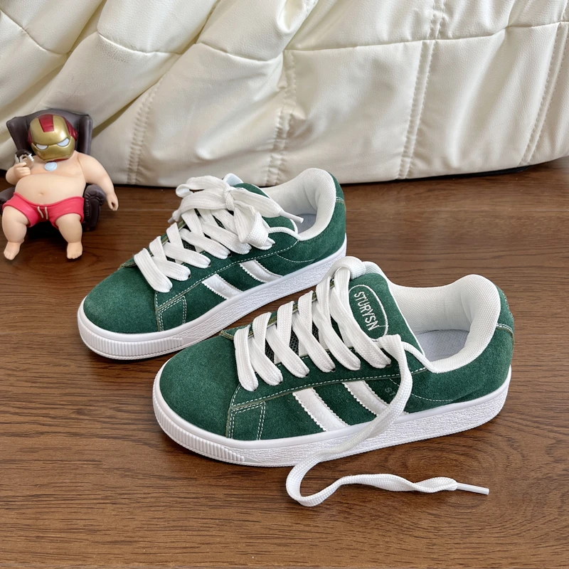 美式复古学院风厚底板鞋女ins翻毛皮拼色百搭德训鞋2024新款女鞋