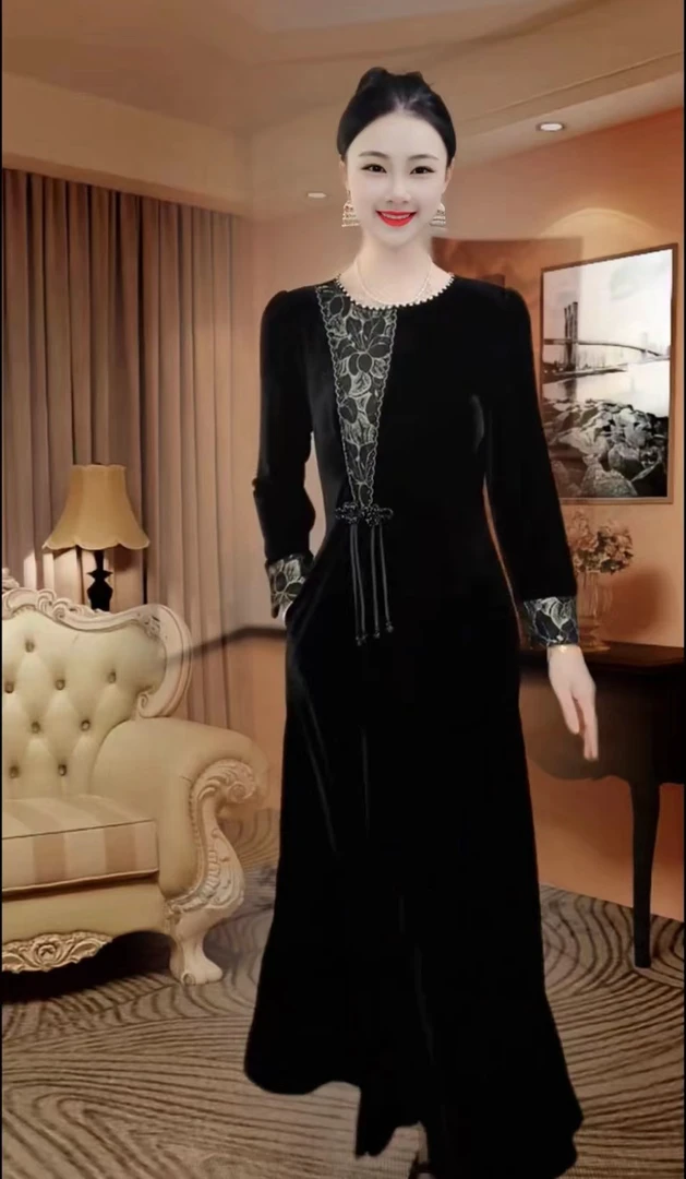 1848-163新款气质减龄款重磅植绒拼接亮丝盘扣连衣裙