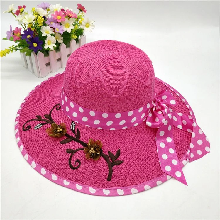夏天防晒遮阳帽女士圆点飘带大檐帽沙滩大沿针织帽可折叠水洗草帽